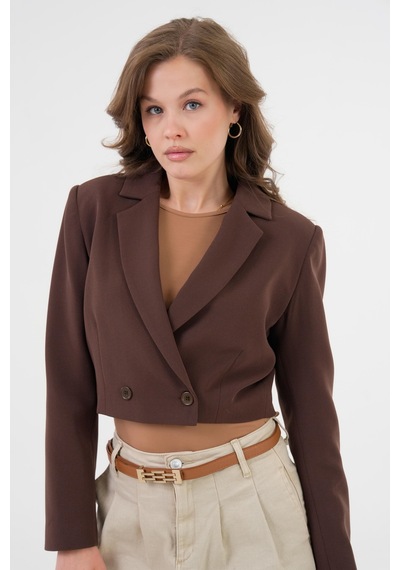 Acı Kahverengi Kruvaze Crop Blazer Ceket Acı Kahverengi