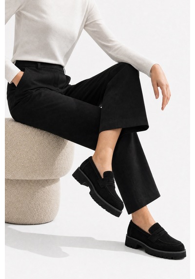 Luvi Shoes Vıonel Siyah Süet Hakiki Deri Kadın Loafer Ayakkabı