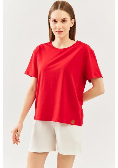 Kadın Rahat %100 Pamuklu Penye Bisiklet Yaka Kısa Kol Basic T-shirt Kirmizi