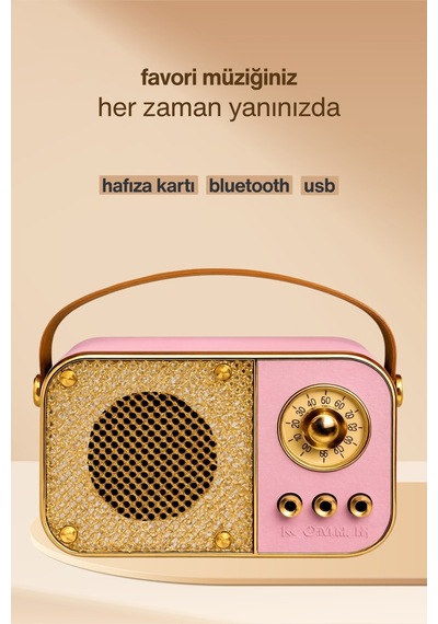Nostaljik Bluetooth Hoparlör Bluetooth 5.2 Usb & Tf Kart Destekli Led Taşınabilir Speaker Pembe
