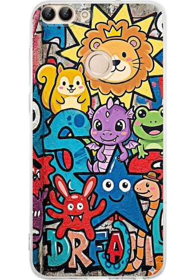 Huawei P Smart 2018 İle Uyumlu Grafiti Star Team Tasarımlı Şeffaf Silikon Kılıf Şeffaf