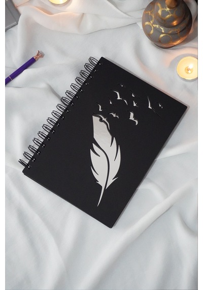 Kuşlu Tüy Tasarım Siyah Ahşap A5 Spiralli Okul Defteri - Çizgisiz Defter - Günlük - A5 Notebook