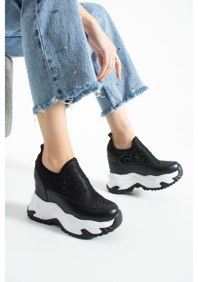 Dabab Shoes Olıvıa Siyah Taş Detaylı 10 Cm Gizli Topuk Platform Slip-on Sneaker Ayakkabı