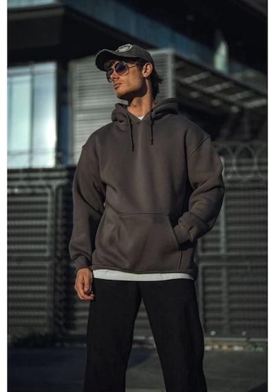 Butik İstanbul Üç İplik Penye Kapşonlu Basic Sweatshirt - Antrasit Füme