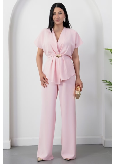 Kalopya Kruvaze Yaka Tokalı Pantolon İkili Takım Grs3983 Pembe