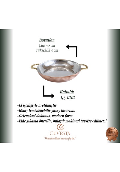 Cuvesta Modern Şef Tipi Kalın 1.5mm El Yapımı Bakır Tava 30 5cm
