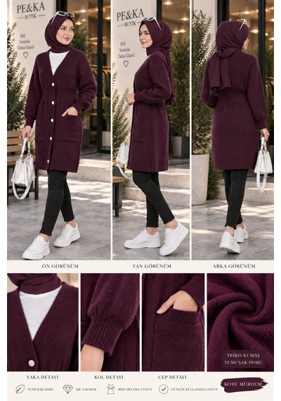 Aymiraa Kadın Angora Kumaş Beli Lastikli Uzun Tesettür Hırka Mürdüm Mürdüm
