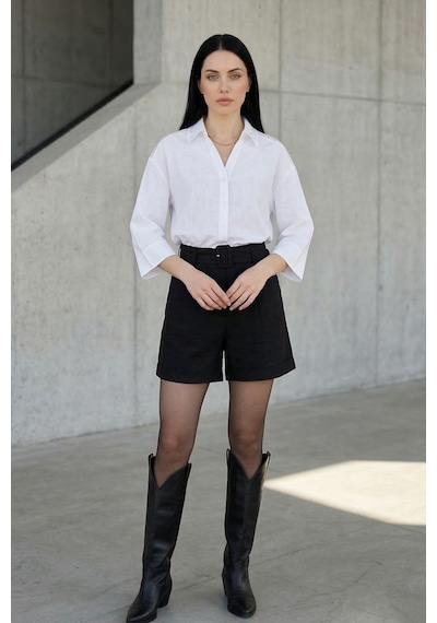 Kadın Beyaz Oversize Fit Düğmeli 3/4-truvakar Kol Fisto Yaka Dokuma Rahat Kesim Uzun Kadın Gömlek Bluz Beyaz
