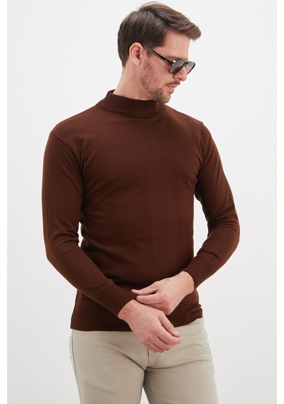 Fullamoda Basic Dik Yaka Regular Fit Triko Kazak Kahve