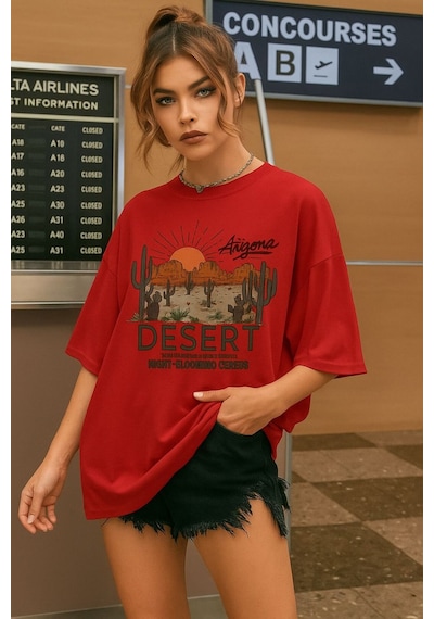 Desert Arızona Baskılı Unisex Tshırt Kirmizi