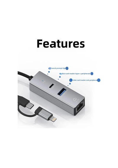 3 Portlu Ağ Ve Veri Adaptörü: Rj45 Lan + Usb 3.0 + Type-c Girişli Metal Kasa