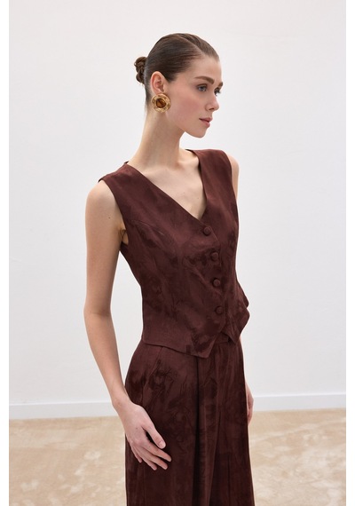 Sateen Jakarlı Yelek - Kahve-136838 Kahve
