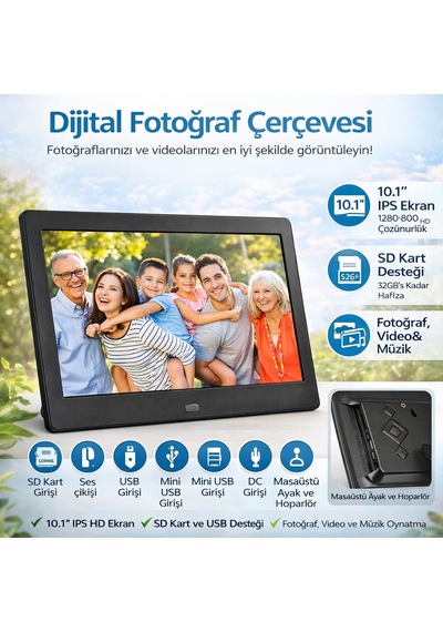 10 İnç Dijital Fotoğraf Çerçevesi Usb Sd Kart Video Müzik Saat Takvim Kumandalı Siyah