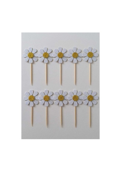 Papatya Beyaz Renk Simli Cupcake Kürdanı Doğum Günü Parti Ve Pasta Süsü 10lu 5 Cm