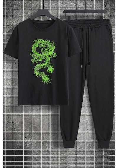 Uyguntarz Unisex Chinese Dragonbaskılı 2'li Eşofman Takımı Siyah