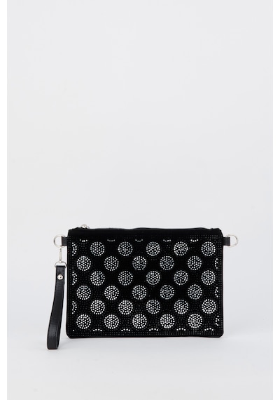 Vivaq Kadın Puantiyeli Gümüş Taşlı Süet Bilek Askılı Ve Zincir Askılı Portföy Ve Clutch Çanta SİYAH