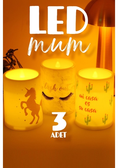 3lü Led Mum Unicorn Kirpik Kaktüs Bardak Tipi Pilli Dumansız Alevli Dekoratif Yapay Mum Dekor Lamba