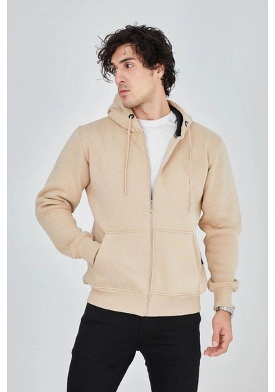 Freedom Storee Erkek 3 İplik Pamuklu Fermuarlı Kapüşonlu Kanguru Cepli Hoodie Hırka Sweatshirt -bej Çok Renkli