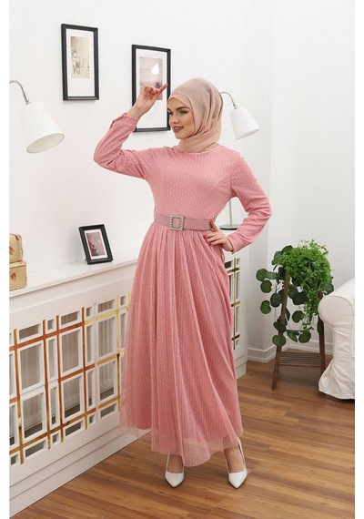 Neşeli Butik Kadın Puantiyeli Tesettür Elbise Rssn45 - Gül Kurusu