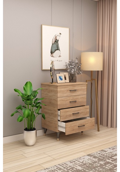 Asra Trend 4 Çekmeceli Şifonyer ŞF-01 %100 MDF Modern Yatak Odası Dolabı Sonoma