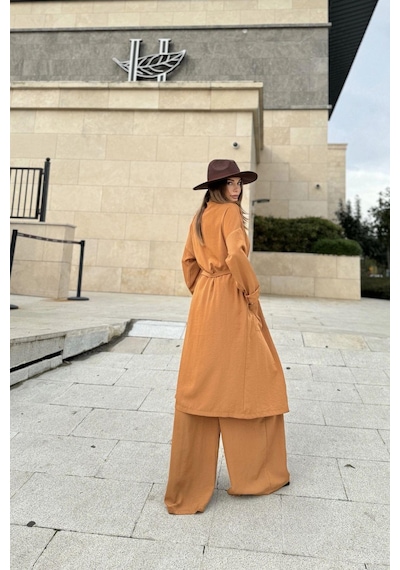 WeShaya Kadın Taba Çift Cepli Uzun Kimono & Bol Paça Pantolon - Salaş Alt & Üst Takım Taba