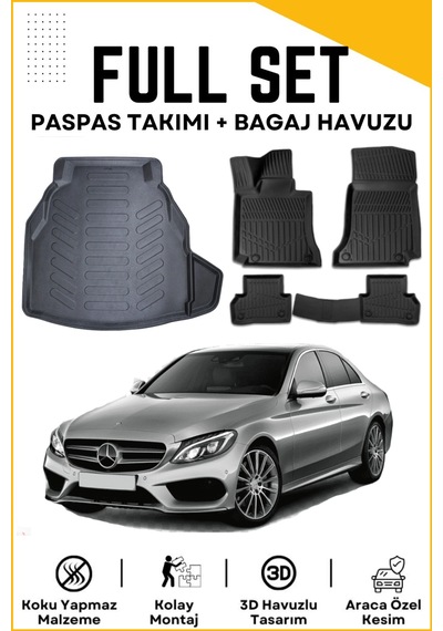 Mercedes C Seri W205 Plastik Takımli 2015-2016-2017-2018 Model Birebir Uyumlu Bagaj Havuzu+paspas Seti