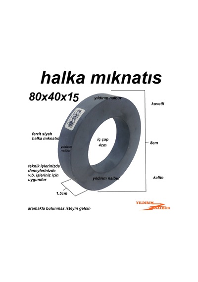 Mıknatıs Halka Siyah 80x40x15 Yuvarlak Mıklatıs Deney Mıklantıs 8