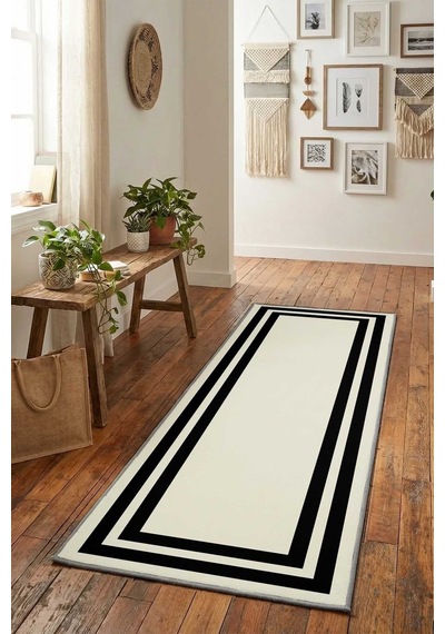 Çerçeve Krem Siyah Yıkanabilir Yolluk 2 Krem - Siyah