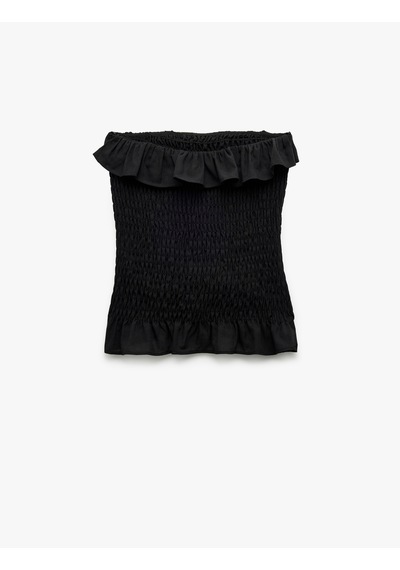 Koton Pamuklu Fırfırlı Gipeli Straplez Yaka Kolsuz Crop Bluz Siyah 5sal30048ıw Siyah