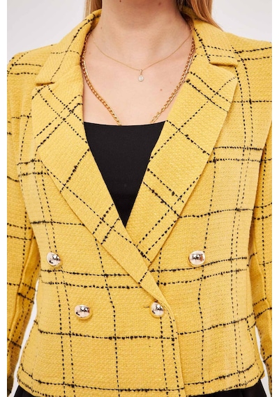 Armonika Kadın Hardal-siyah Kruvaze Yaka Tüvit Crop Ceket Arm-24k001014