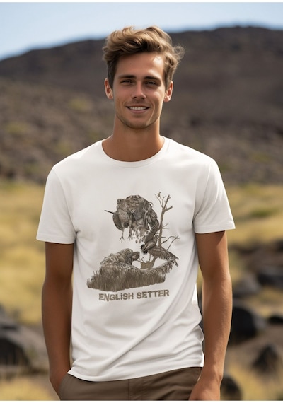 Avcılık Hunter Ağaçlı English Setter Çulluk Yazı Baskılı %100 Pamuk Regular Fit Beyaz T-shirt Beyaz