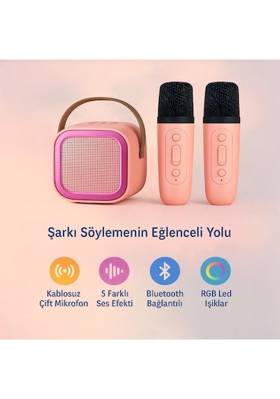 Taşınabilir Çift Karaoke Mikrofonlu Hoparlör Kablosuz Bluetooth 5 Ses Efektli Pembe Renk