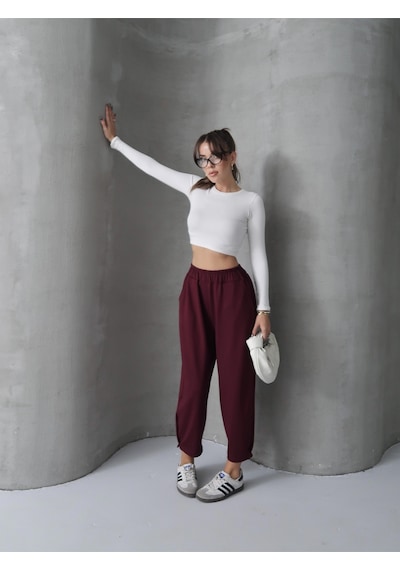 Paw Garage Kadın Skye Yumuşak Modal Paça Tutturmalı Pantolon Bordo