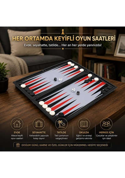 Manyetik Satranç Dama Tavla 3'lü Set 32 Cm Katlanabilir Taşınabilir Zeka Oyunu Eğitici Oyun