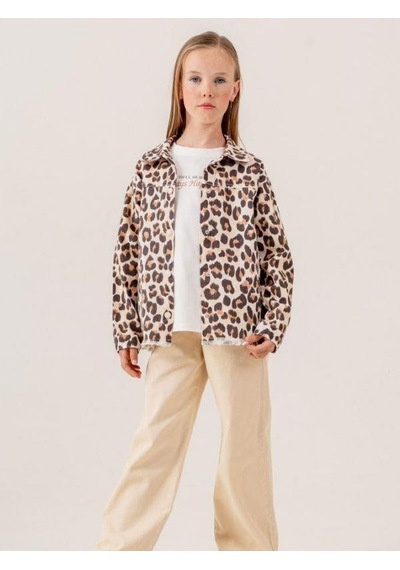 Cicihlid Kız Çocuk Leopar Desenli Kot Ceket İçi T-shirt Takım-15511 Kahverengi