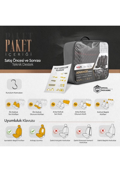 Advanced Design Özel Tasarım Premium Deri-Keten Ekstra Destekli Universal Oto Koltuk Kılıfı Tam Set