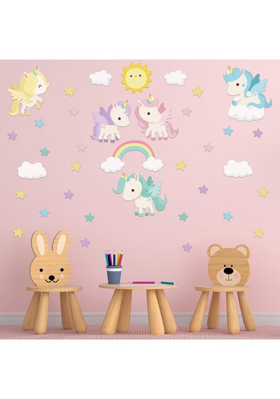 Rengarenk Unicornlar Ve Gökkuşağı Duvar Sticker Seti - Güneş, Yıldızlar Ve Bulutlar Çocuk Odası Dekoratif Çıkartma