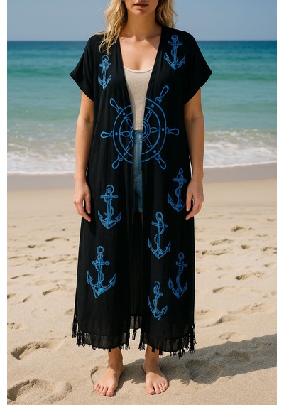 Mavi Denizci Desenli Siyah Salaş Kimono Kaftan Standart Mavi