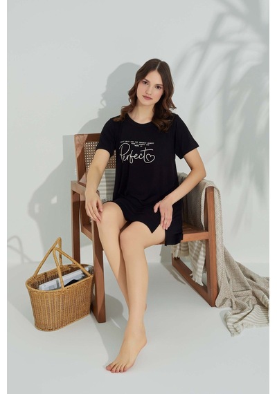 Guava Kadın Bisiklet Yaka Viskon Yırtmaç Detaylı Mini Gecelik Elbise - Homewear Siyah