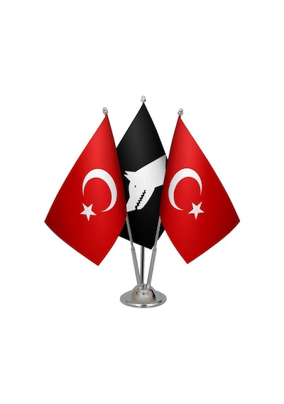 Masa Üstü Siyah Göktürk Bayrağı Türk Bayrağı Üçlü Krom Direk Masa