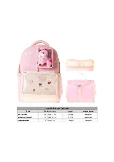 Calacilo K-pop Pink Pembe Peluş Aksesuarlı Pembe Kız Çocuk Üçlü İlkokul Okul Çantası Seti - Setcc-c4107a