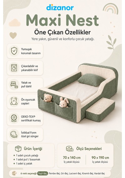 Dizanor Maxi Nest Tek Kısa Yan Kenarlı Montessori Yatak Seti - Yeşil Fitilli