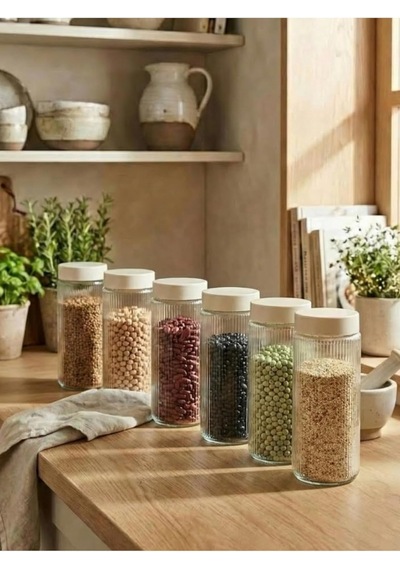 Cam Saklama Kabı Seti, Krem Plastik Kapaklı, 1350 Ml, 9cm X 20cm, 6'li Set