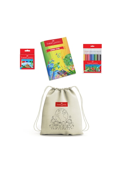 Faber-Castell Çocuk Boyama Seti,Keçeli Kalem,Boya Kalemi,32 Sayfa A4 Boyama Kitabı,Boyanabilir Büzgülü Bez Çanta