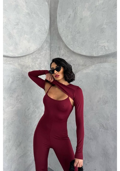 Neşeli Butik Kadın Bordo Bolero Detaylı İspanyol Tulum Nbdf120