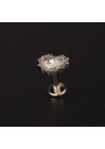 %100 G23 Titanyum Kalp Detaylı Zirkon Titanyum 6x1.2mm Labret Piercing Gümüş - Altın