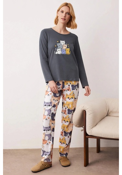 Benerly Kadın Bisiklet Yaka Standart Kol Regular Kalıp Pijama Takımı Kali Antrasit