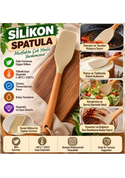 Silikon Spatula Ahşap Saplı Isıya Dayanıklı Yapışmaz Tencere Ve Tavalar İçin Mutfak Spatulası Açık Bej
