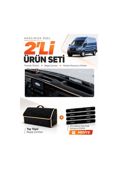 E-biz Ford Transit Tip 1 2020-2025 Uyumlu Torpido Örtüsü + Tay Tüyü Çanta - Siyah-bej - Fo032