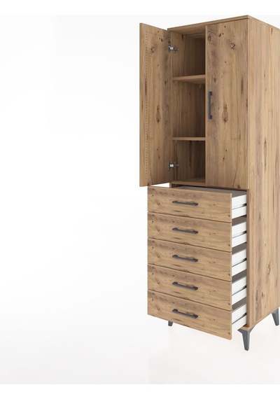 Hyperion Dolap 3 Raflı 5 Çekmeceli 2 Kapaklı 60x44x195 Çam-çam Çam